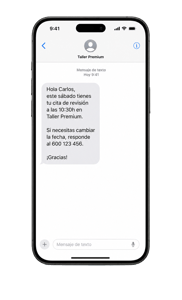 Pantalla móvil SMS cita taller